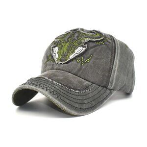 Distressed Baseball Cap with Bull Skull Embroidery, Green. Black Adjustable Fit